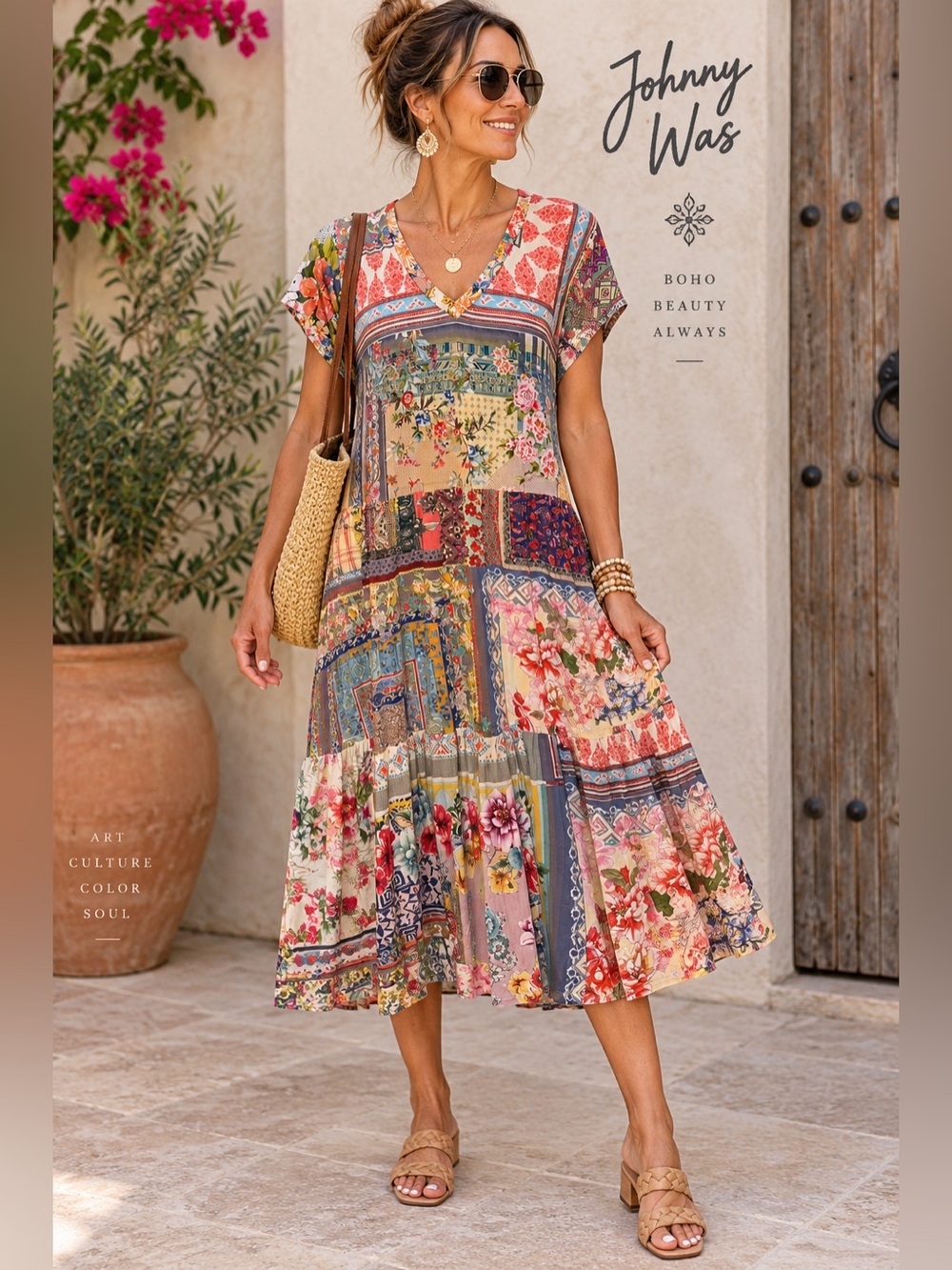 Johnny Was Patchwork Floral Boho V-Neck Midi Dress Multicolor